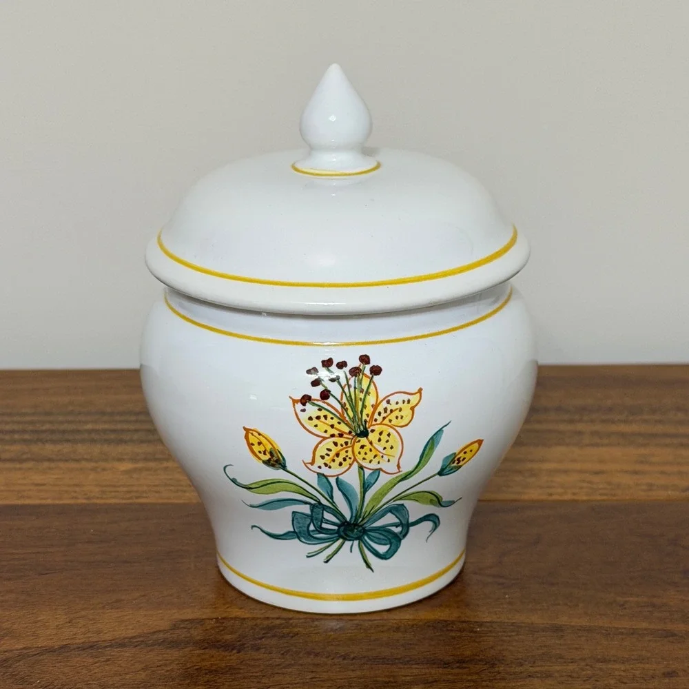 Pivato Nove Italy Pair Ceramic Lidded Vanity Jars Canisters Yellow Floral